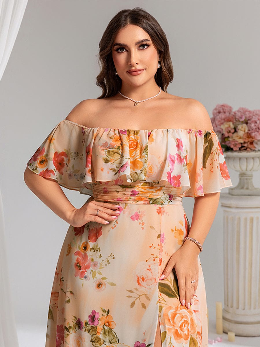 Robe D'invité De Mariage En Mousseline De Soie Mi-Longue Plissée à Manches à Volants Et Col En V #Couleur_Pêche Floutée
