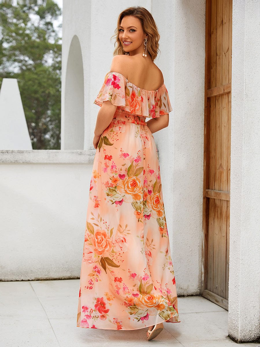 Robe D'invité De Mariage En Mousseline De Soie Mi-Longue Plissée à Manches à Volants Et Col En V #Couleur_Pêche Floutée