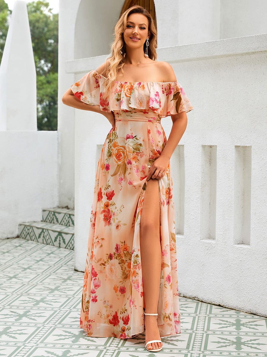 Robe D'invité De Mariage En Mousseline De Soie Mi-Longue Plissée à Manches à Volants Et Col En V #Couleur_Pêche Floutée