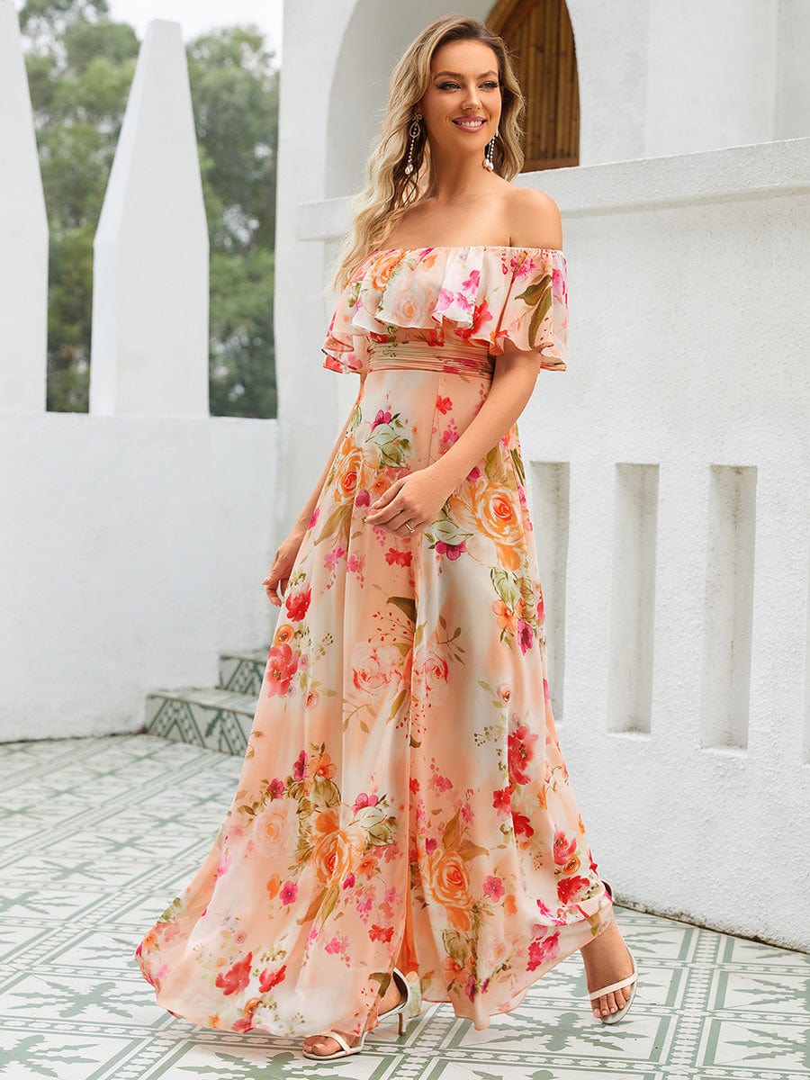 Robe D'invité De Mariage En Mousseline De Soie Mi-Longue Plissée à Manches à Volants Et Col En V #Couleur_Pêche Floutée