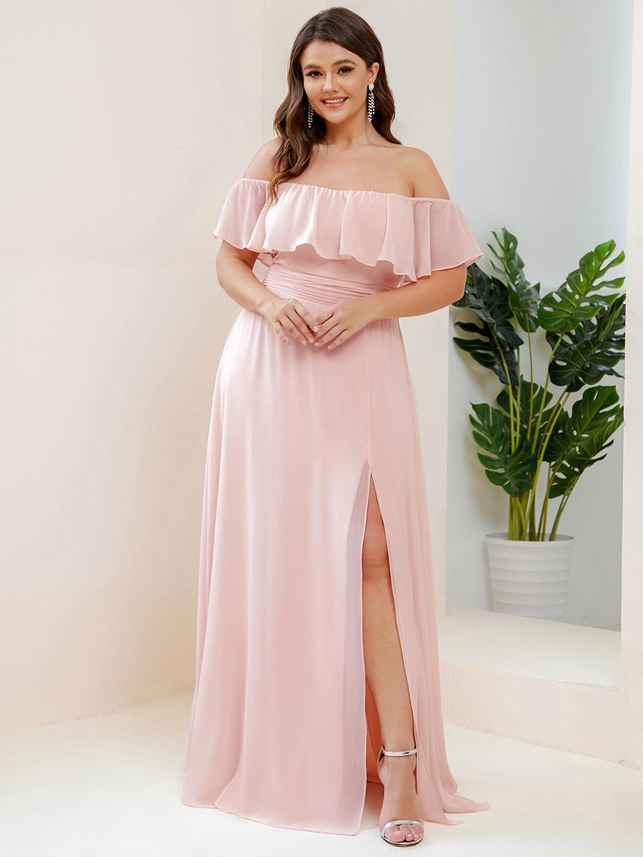 Robe de demoiselle d'honneur grande taille à volants et épaules dénudéess #Couleur_Rose