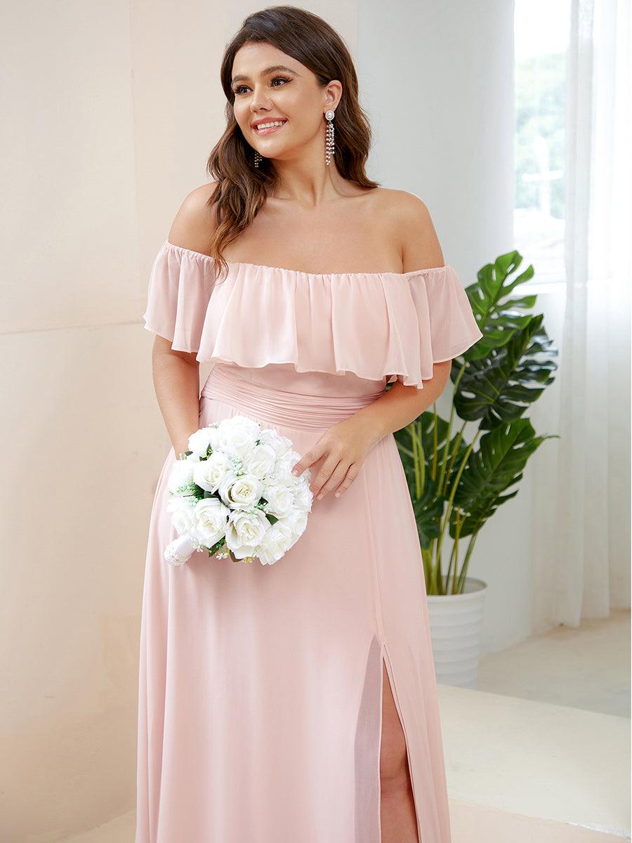 Robe de demoiselle d'honneur grande taille à volants et épaules dénudéess #Couleur_Rose