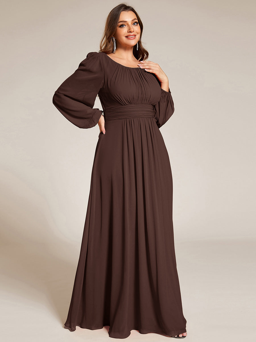 Robe de demoiselle d'honneur plissée à manches longues transparente de grande taille #Couleur_Marron chocolat