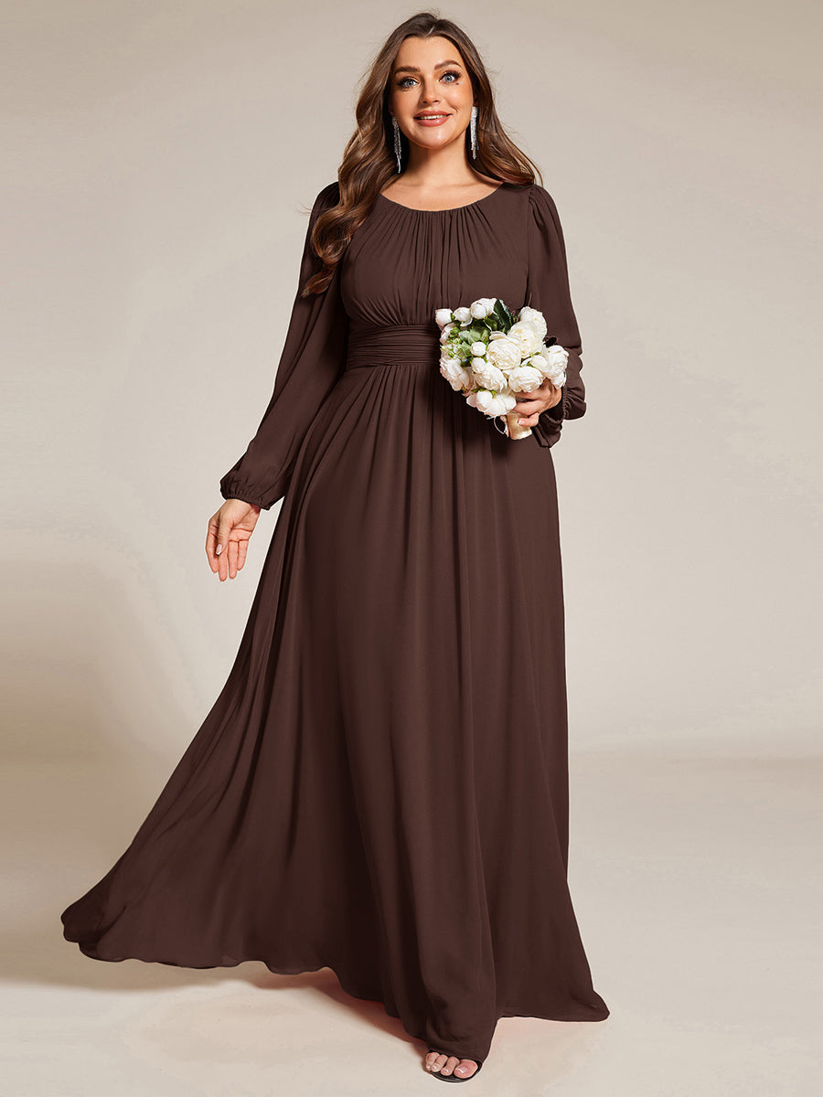 Robe de demoiselle d'honneur plissée à manches longues transparente de grande taille #Couleur_Marron chocolat