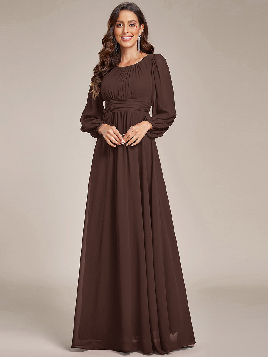 Robe demoiselle d'honneur en mousseline à taille haute Manches bouffantes #Couleur_Marron chocolat