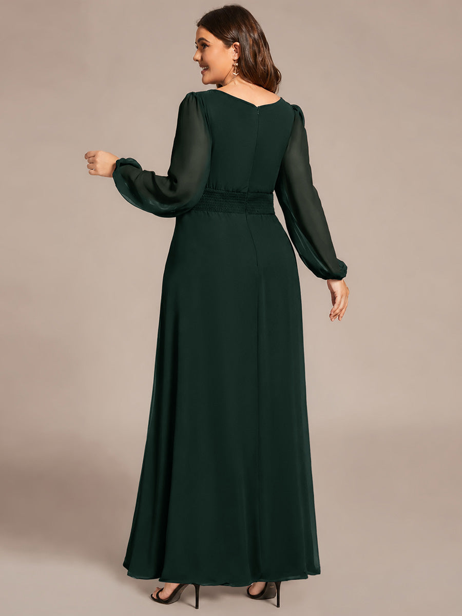 Robe de demoiselle d'honneur plissée à manches longues transparente de grande taille #Couleur_Vert forêt foncé