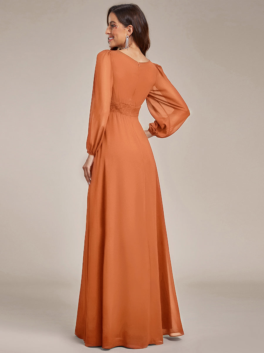 Robe demoiselle d'honneur en mousseline à taille haute Manches bouffantes #Couleur_Melon Ambré