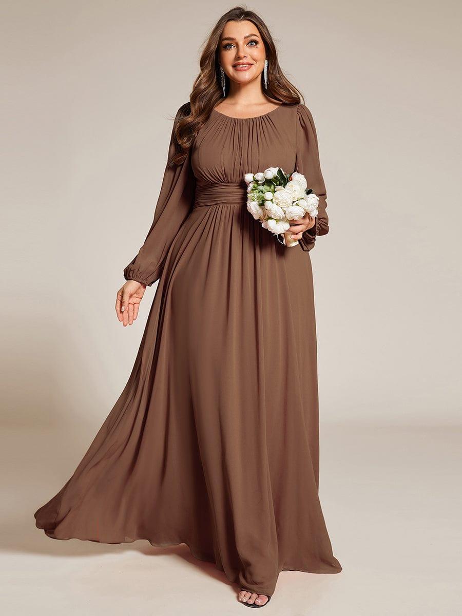 Robe de demoiselle d'honneur plissée à manches longues transparente de grande taille #Couleur_Marron
