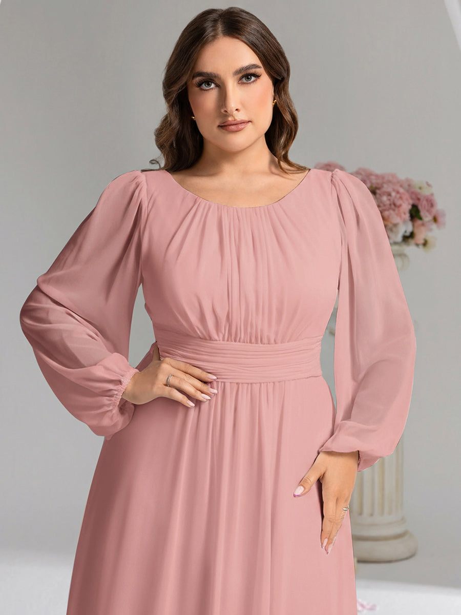 Robe demoiselle d'honneur en mousseline à taille haute Manches bouffantes #Couleur_Rose fumee