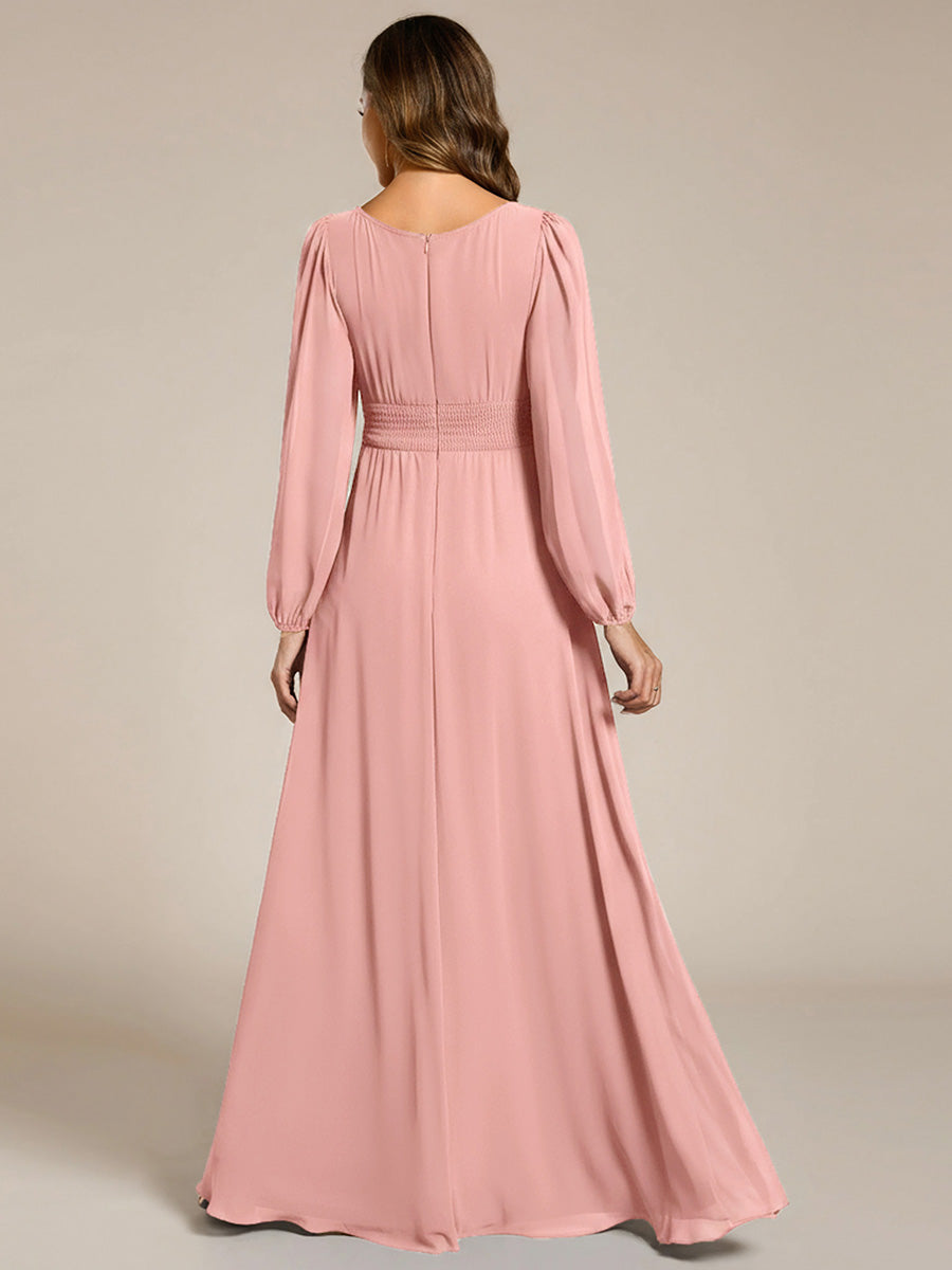 Robe demoiselle d'honneur en mousseline à taille haute Manches bouffantes #Couleur_Rose fumee
