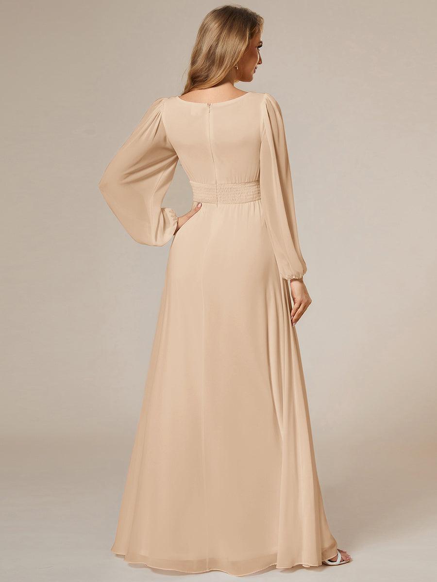 Robe de demoiselle d'honneur plissée à manches longues transparente de grande taille #Couleur_Dorée