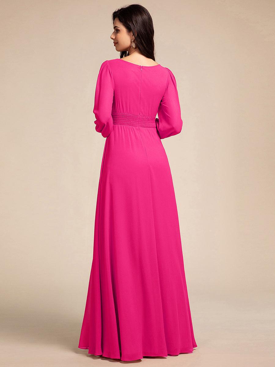 Robe de demoiselle d'honneur plissée à manches longues transparente de grande taille #Couleur_Rose Vif