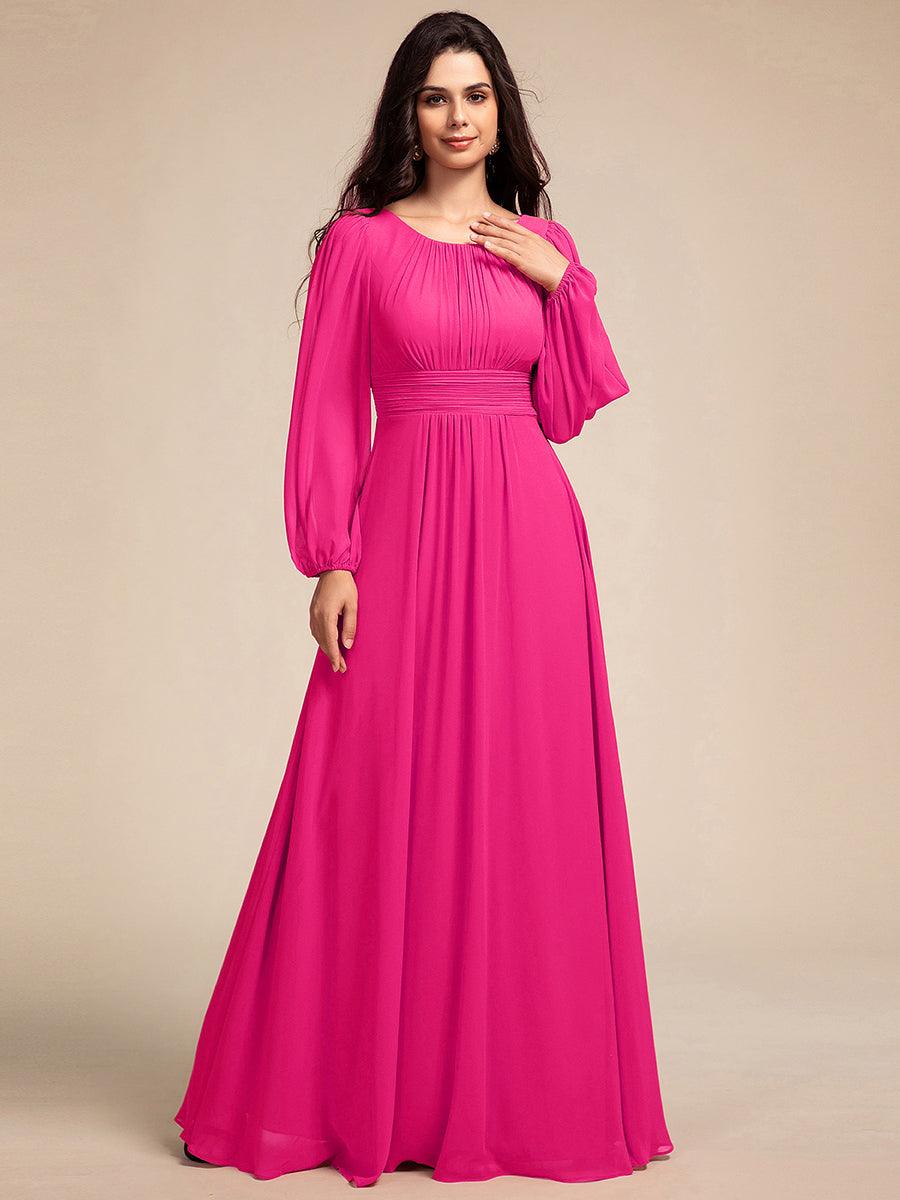 Robe de demoiselle d'honneur plissée à manches longues transparente de grande taille #Couleur_Rose Vif