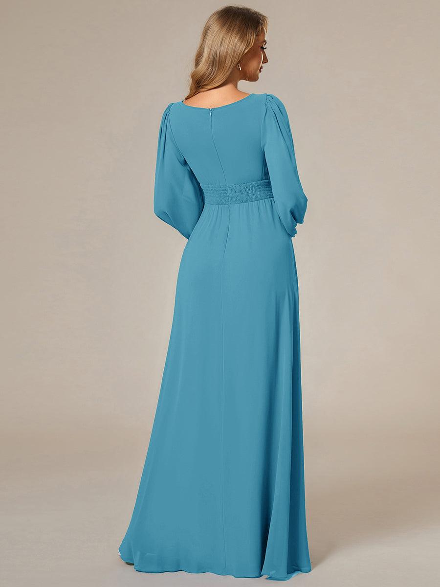 Robe de demoiselle d'honneur plissée à manches longues transparente de grande taille #Couleur_Bleu Jade