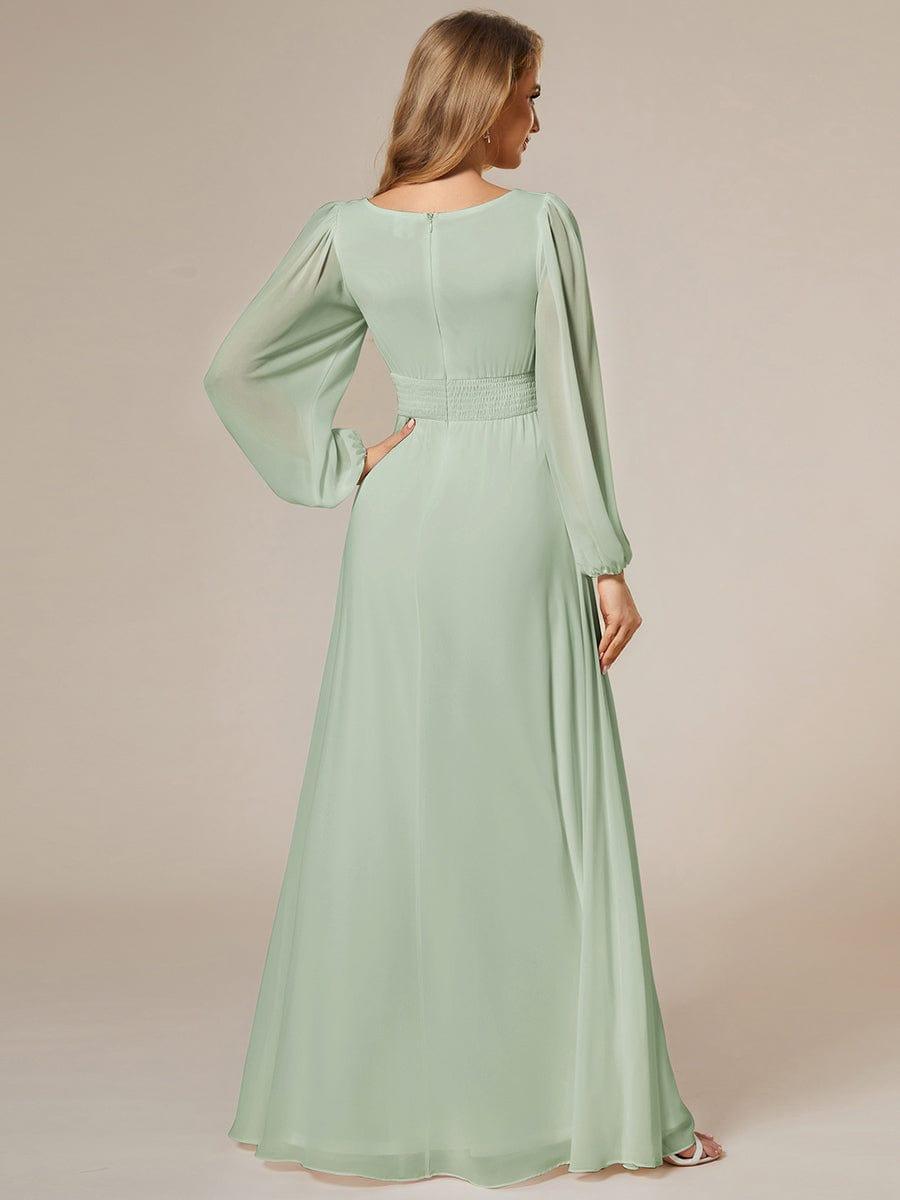 Robe D'invité De Mariage En Mousseline De Soie Mi-Longue Plissée à Manches à Volants Et Col En V #Couleur_Menthe Verte