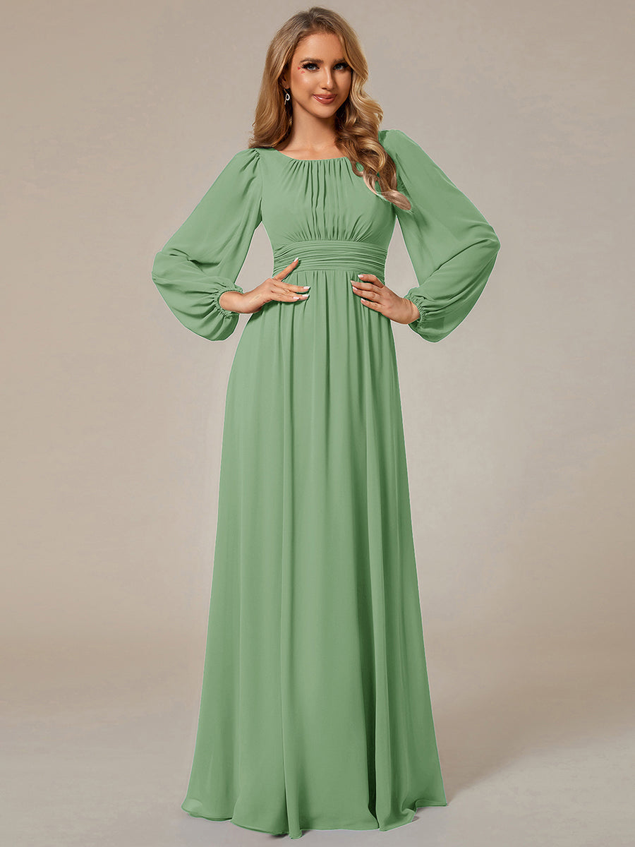 Robe demoiselle d'honneur en mousseline à taille haute Manches bouffantes #Couleur_Vert sauge