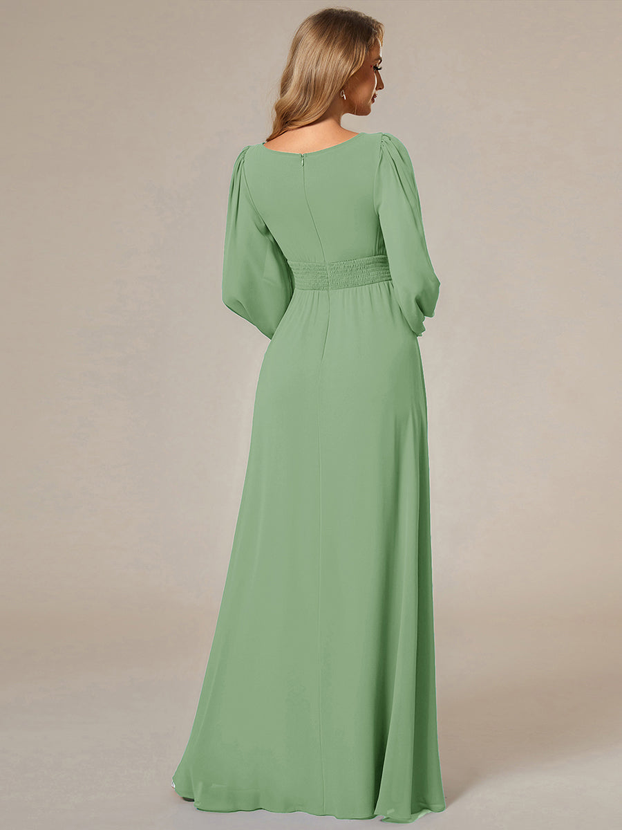 Robe demoiselle d'honneur en mousseline à taille haute Manches bouffantes #Couleur_Vert sauge