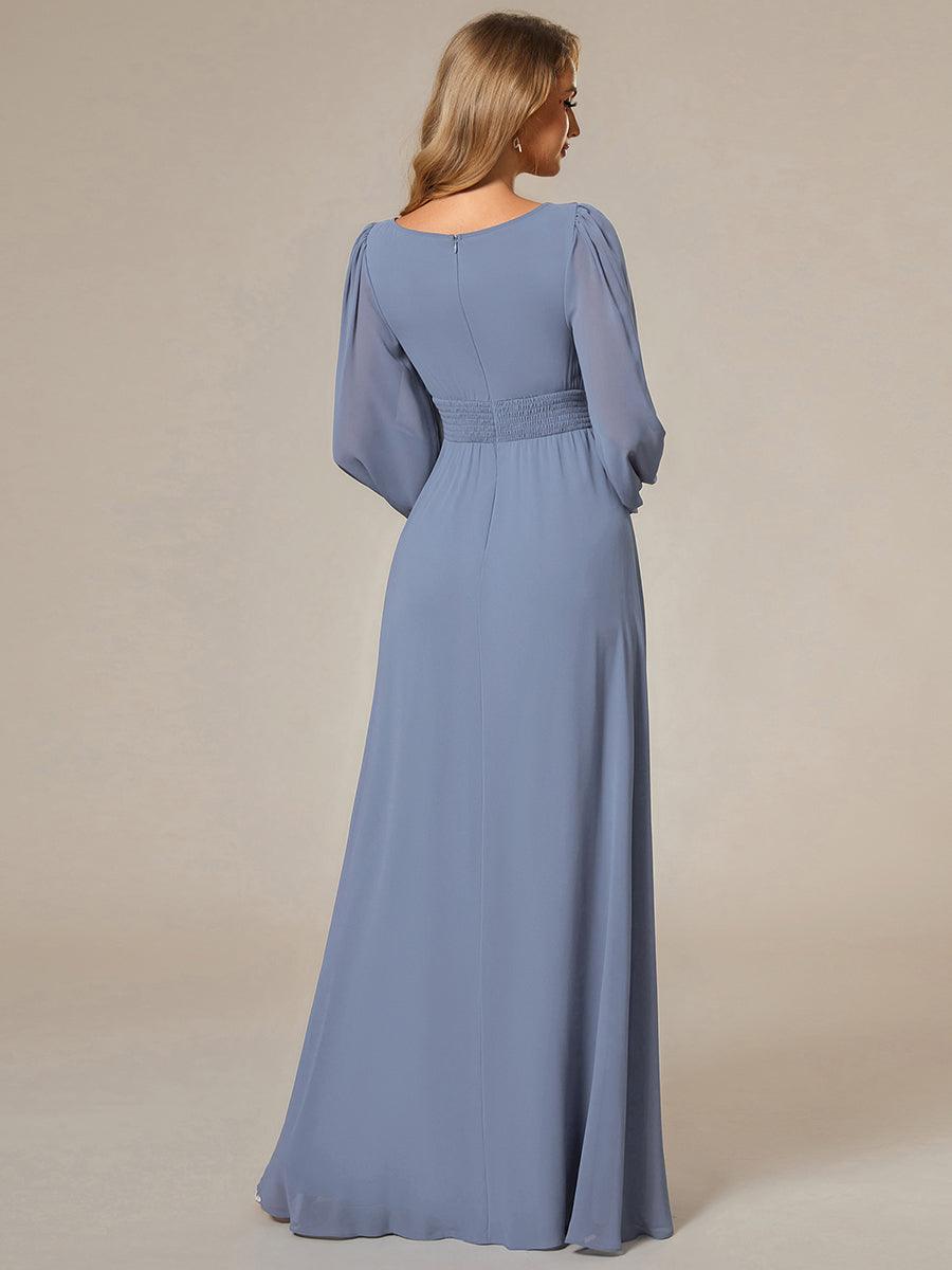 Robe de demoiselle d'honneur plissée à manches longues transparente de grande taille #Couleur_Bleu Ardoise
