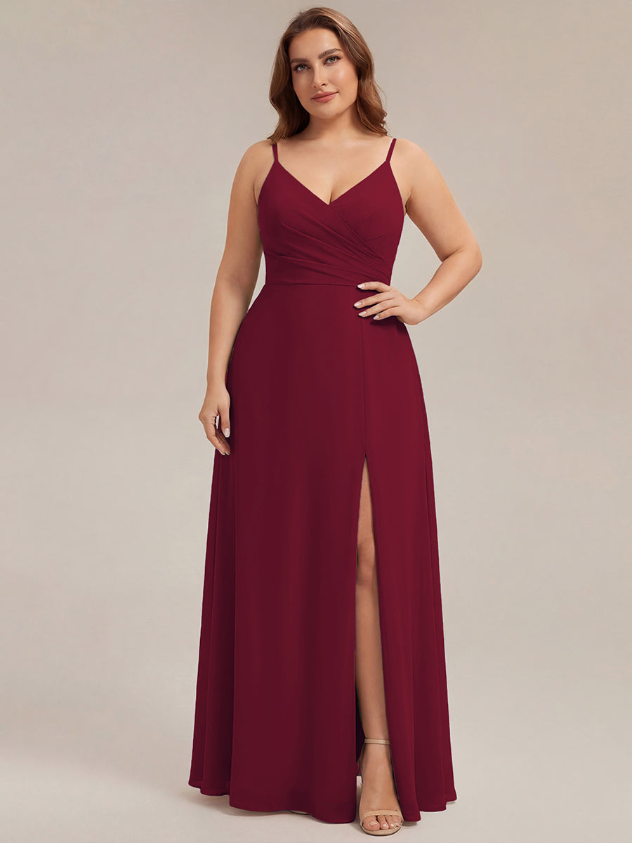 Robe de demoiselle d'honneur plissée à bretelles minces et encolure en V #Couleur_Bordeaux