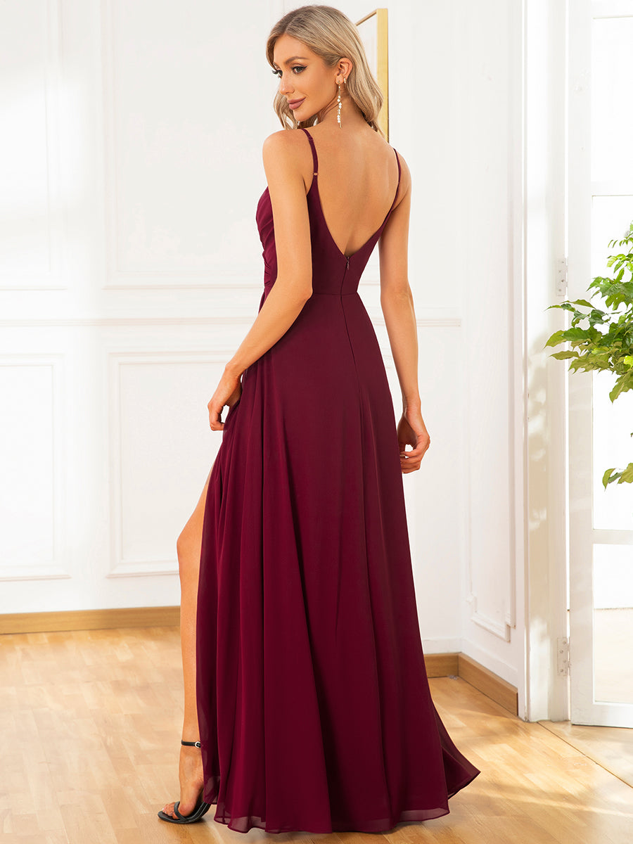 Robe d'invité de mariage trapèze en mousseline fluide à encolure ronde et longueur au genou #Couleur_Bordeaux