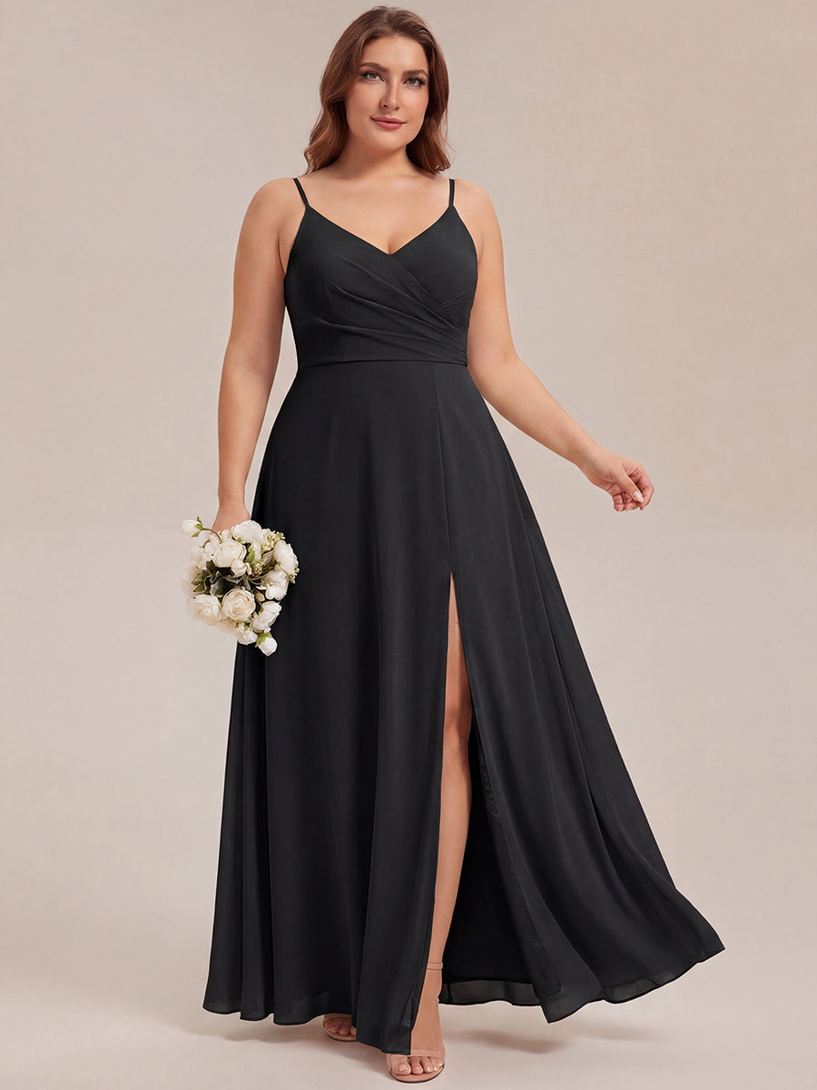 Robe de demoiselle d'honneur plissée à bretelles minces et encolure en V #Couleur_Noir