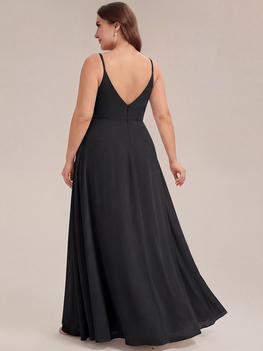 Robe de demoiselle d'honneur plissée à bretelles minces et encolure en V #Couleur_Noir