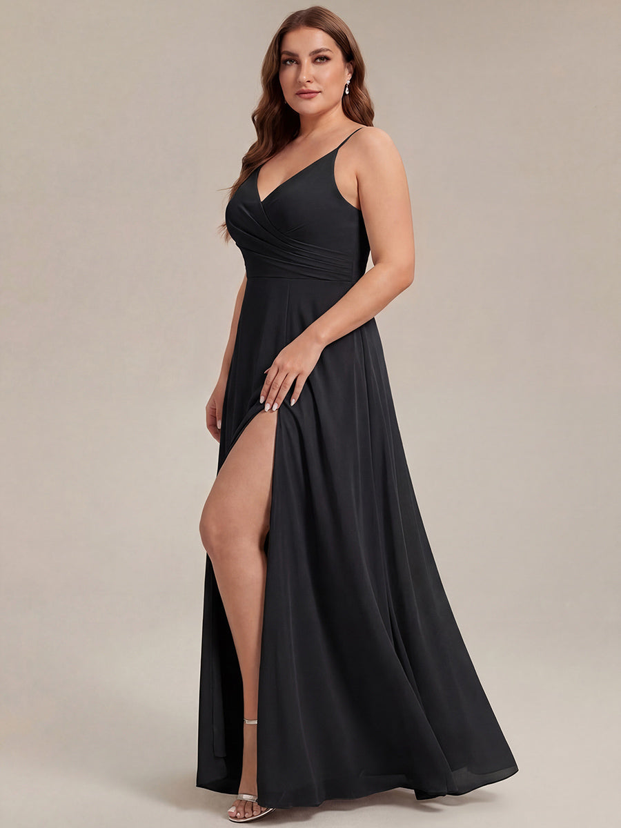 Robe de demoiselle d'honneur plissée à bretelles minces et encolure en V #Couleur_Noir