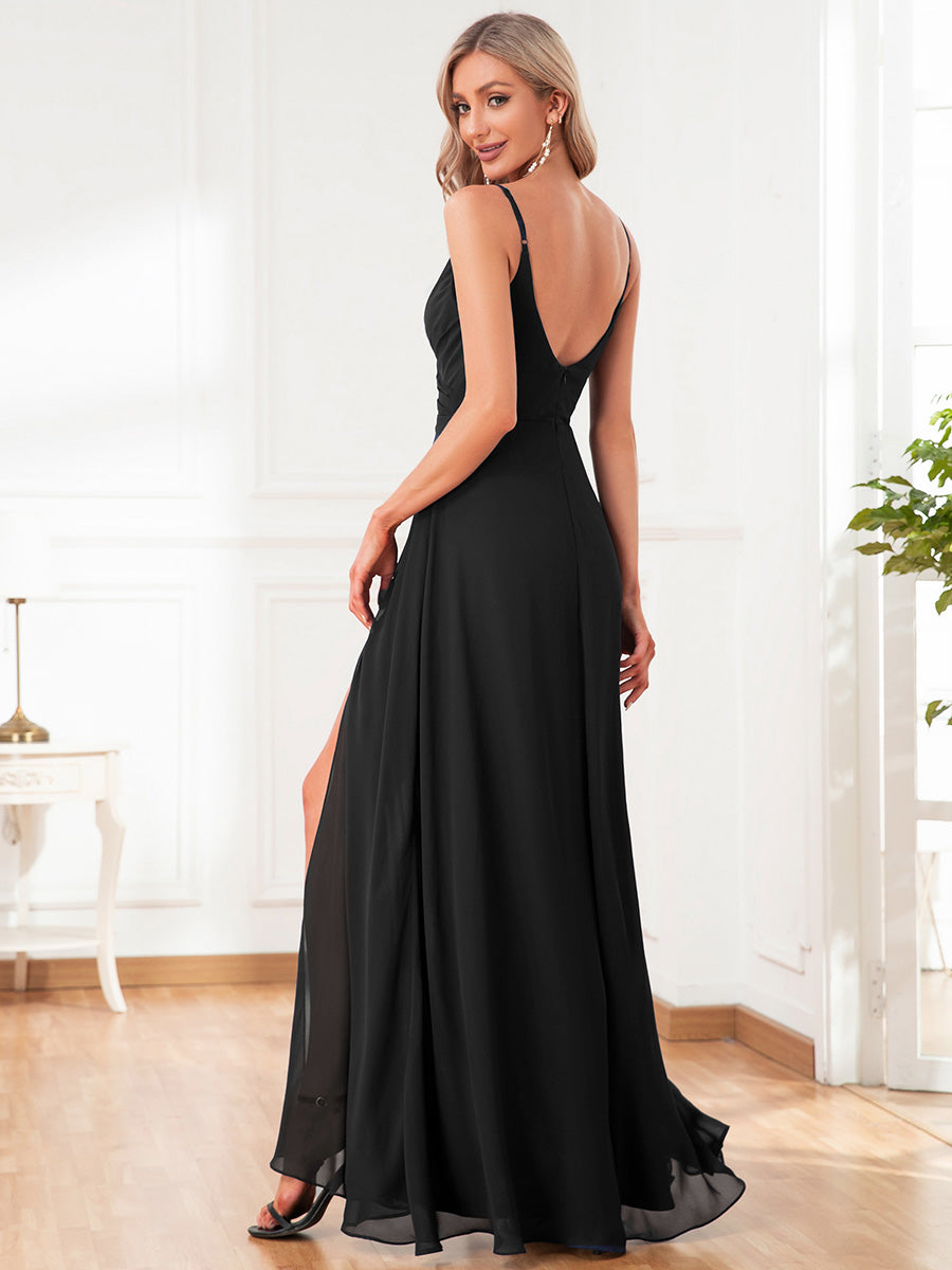 Robe d'invité de mariage trapèze en mousseline fluide à encolure ronde et longueur au genou #Couleur_Noir