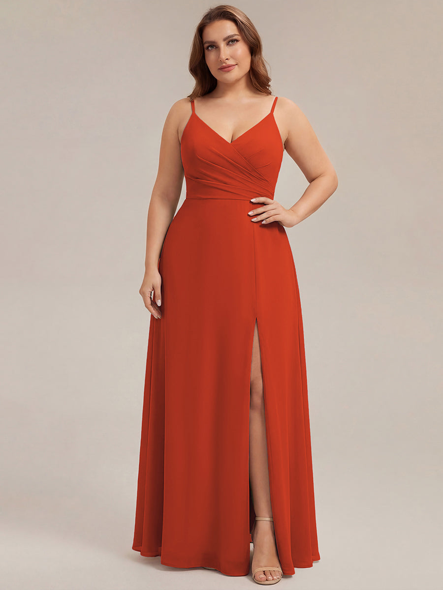 Robe de demoiselle d'honneur plissée à bretelles minces et encolure en V #Couleur_Burnt Orange