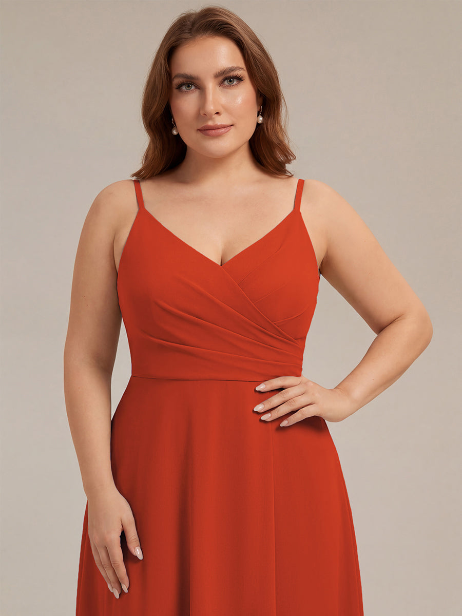 Robe de demoiselle d'honneur plissée à bretelles minces et encolure en V #Couleur_Burnt Orange