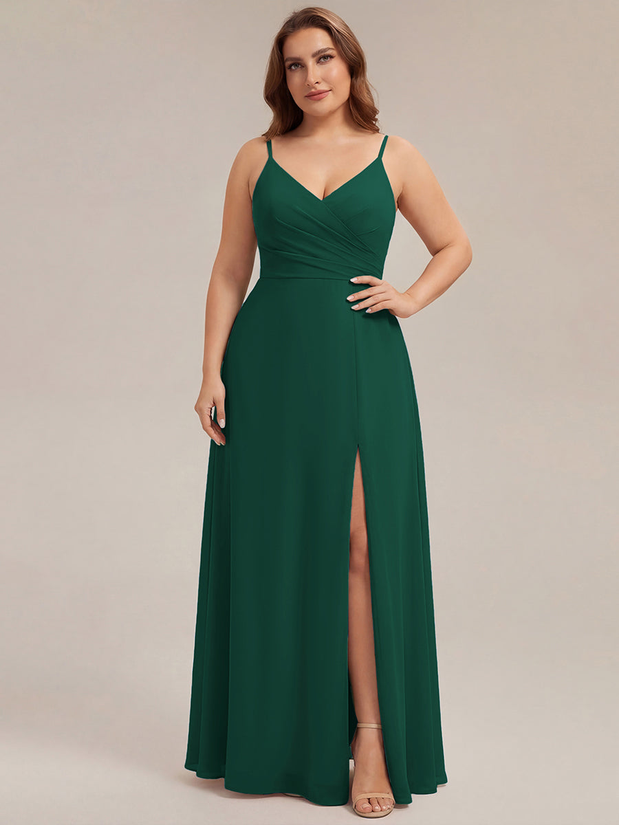 Robe de demoiselle d'honneur plissée à bretelles minces et encolure en V #Couleur_Vert Fonce
