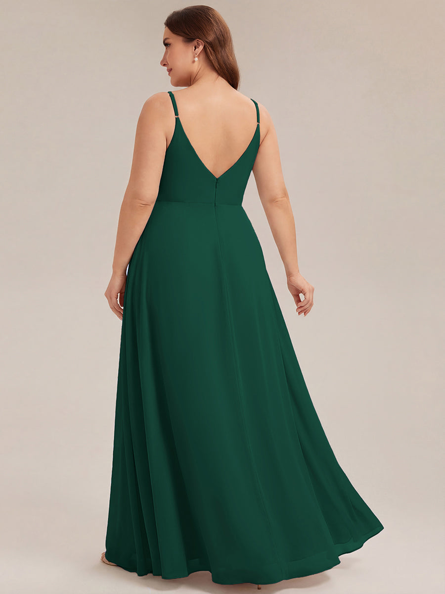 Robe de demoiselle d'honneur plissée à bretelles minces et encolure en V #Couleur_Vert Fonce