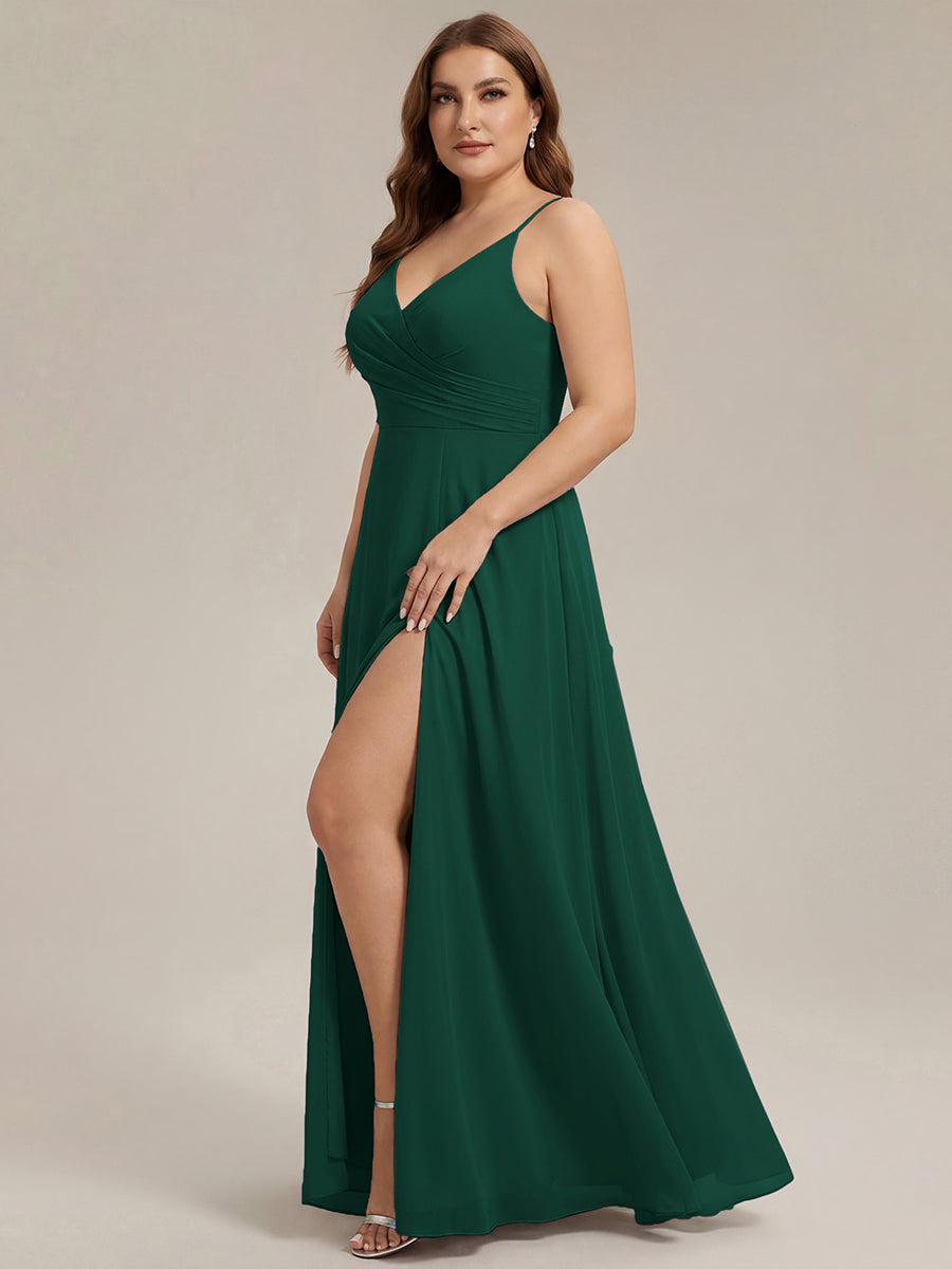 Robe de demoiselle d'honneur plissée à bretelles minces et encolure en V #Couleur_Vert Fonce
