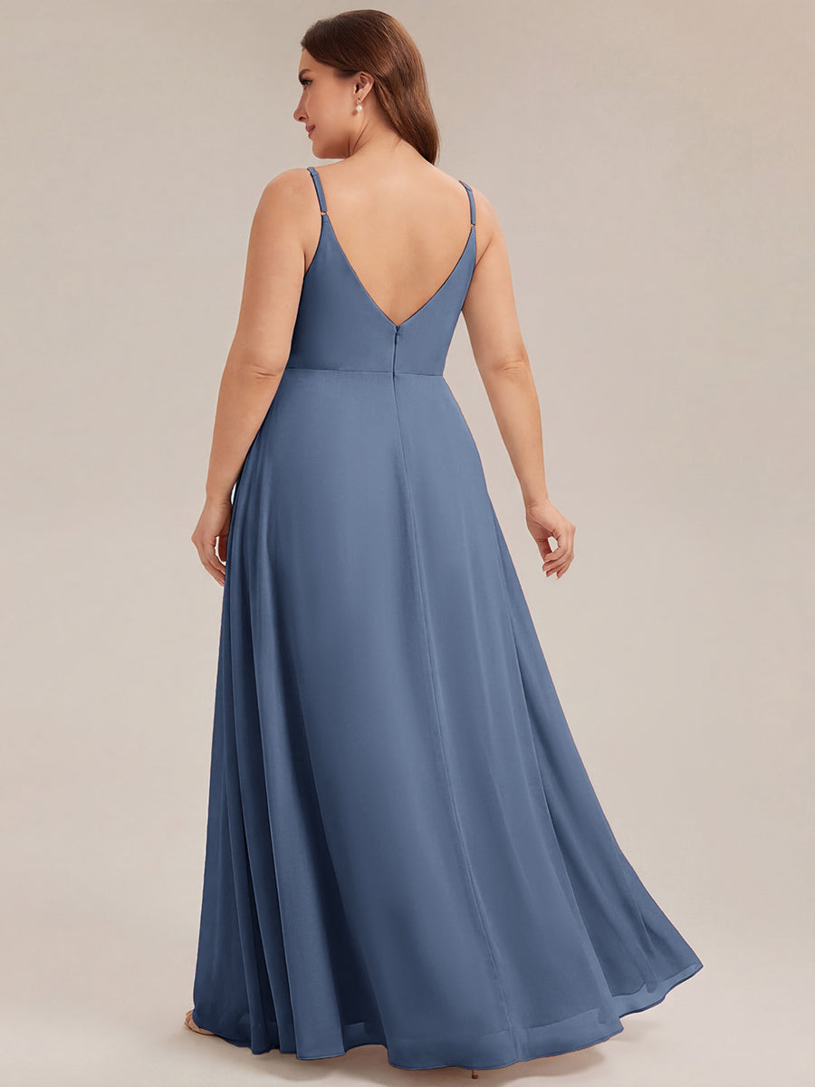 Robe de demoiselle d'honneur plissée à bretelles minces et encolure en V #Couleur_Marine Fume