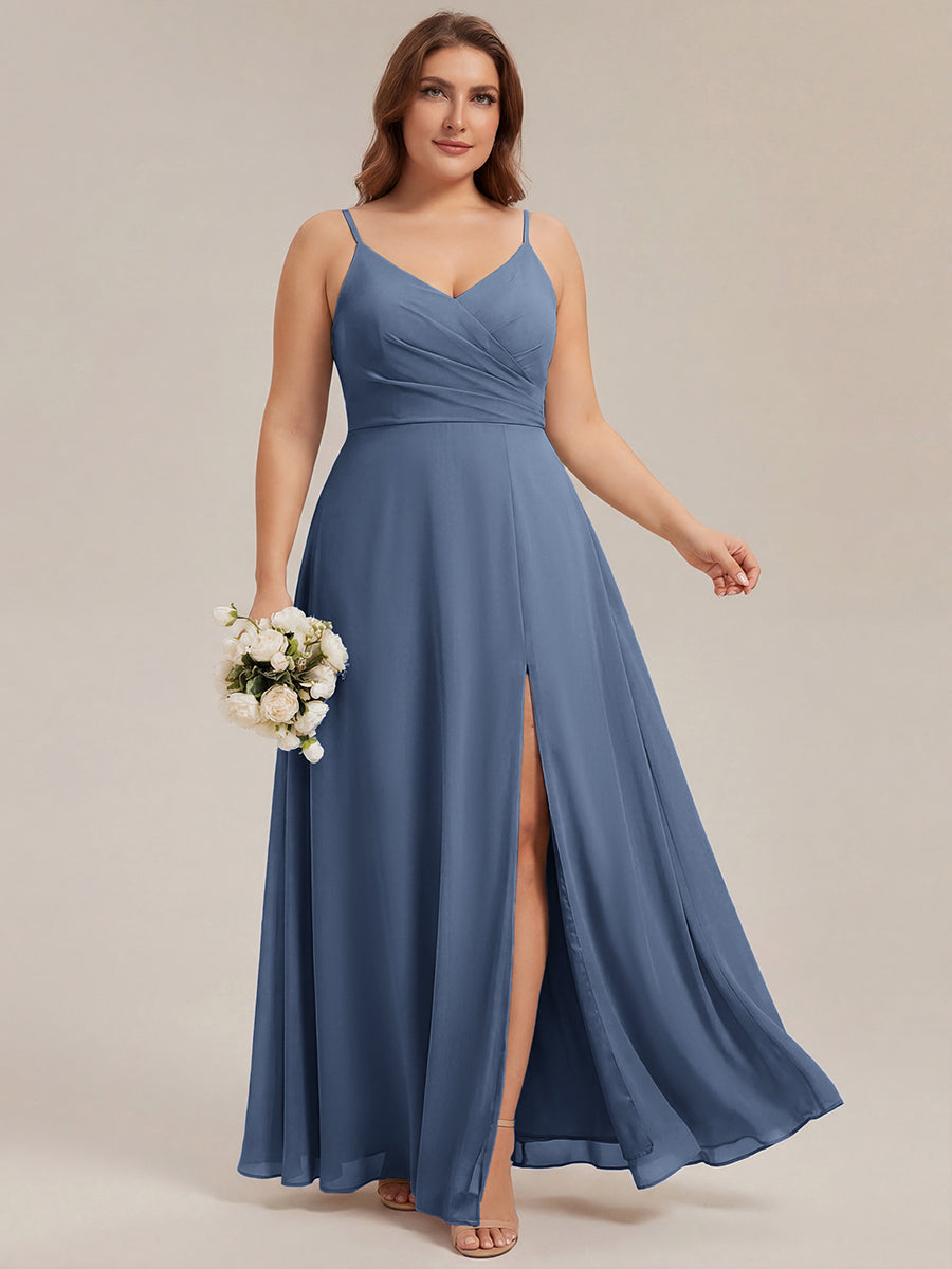 Robe de demoiselle d'honneur plissée à bretelles minces et encolure en V #Couleur_Marine Fume