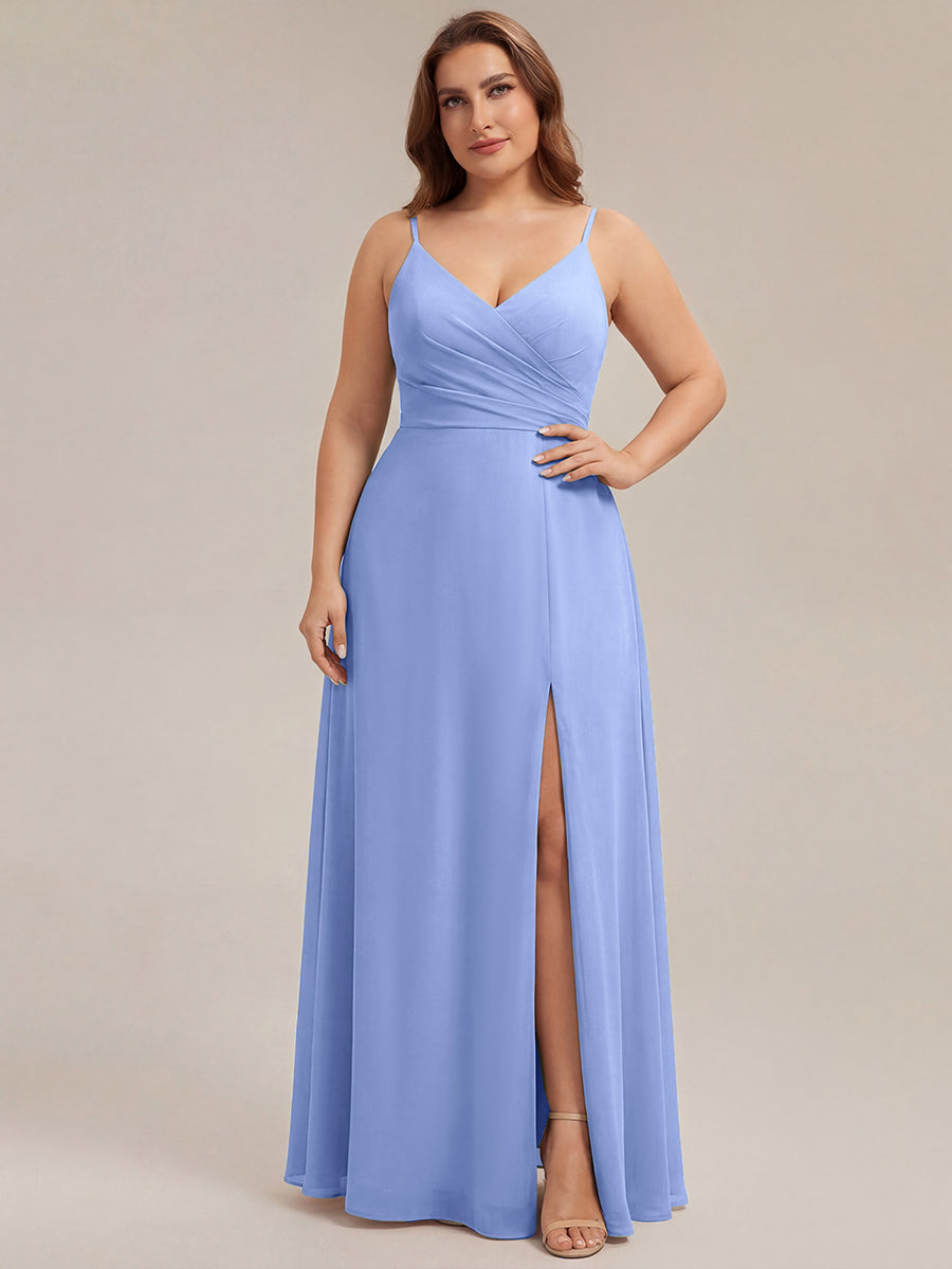 Robe de demoiselle d'honneur plissée à bretelles minces et encolure en V #Couleur_FB