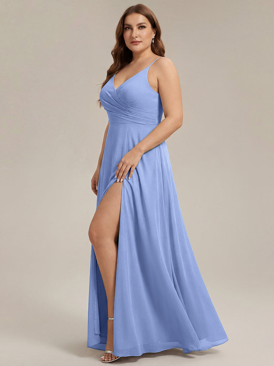 Robe de demoiselle d'honneur plissée à bretelles minces et encolure en V #Couleur_FB