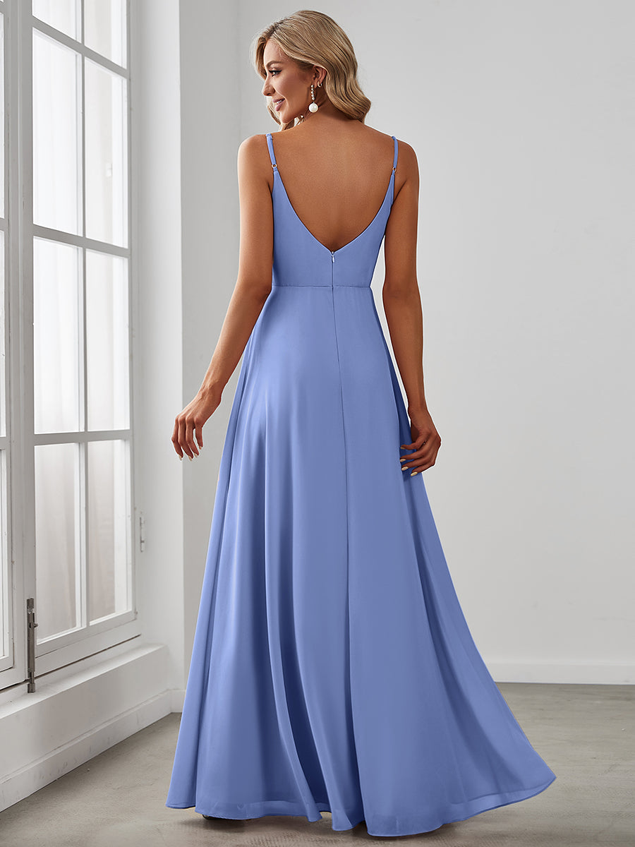 Robe de demoiselle d'honneur plissée à bretelles minces et encolure en V #Couleur_FB
