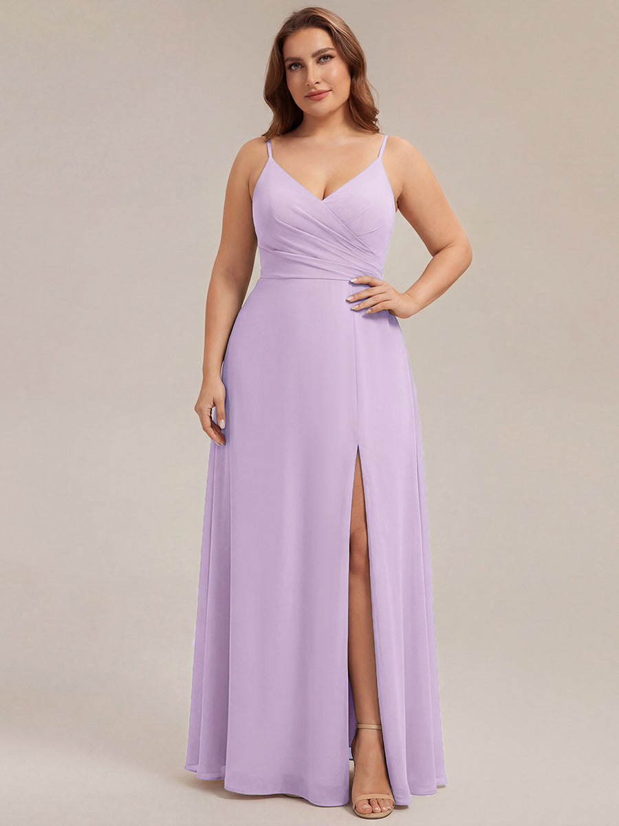 Robe de demoiselle d'honneur plissée à bretelles minces et encolure en V #Couleur_Lilas Givré