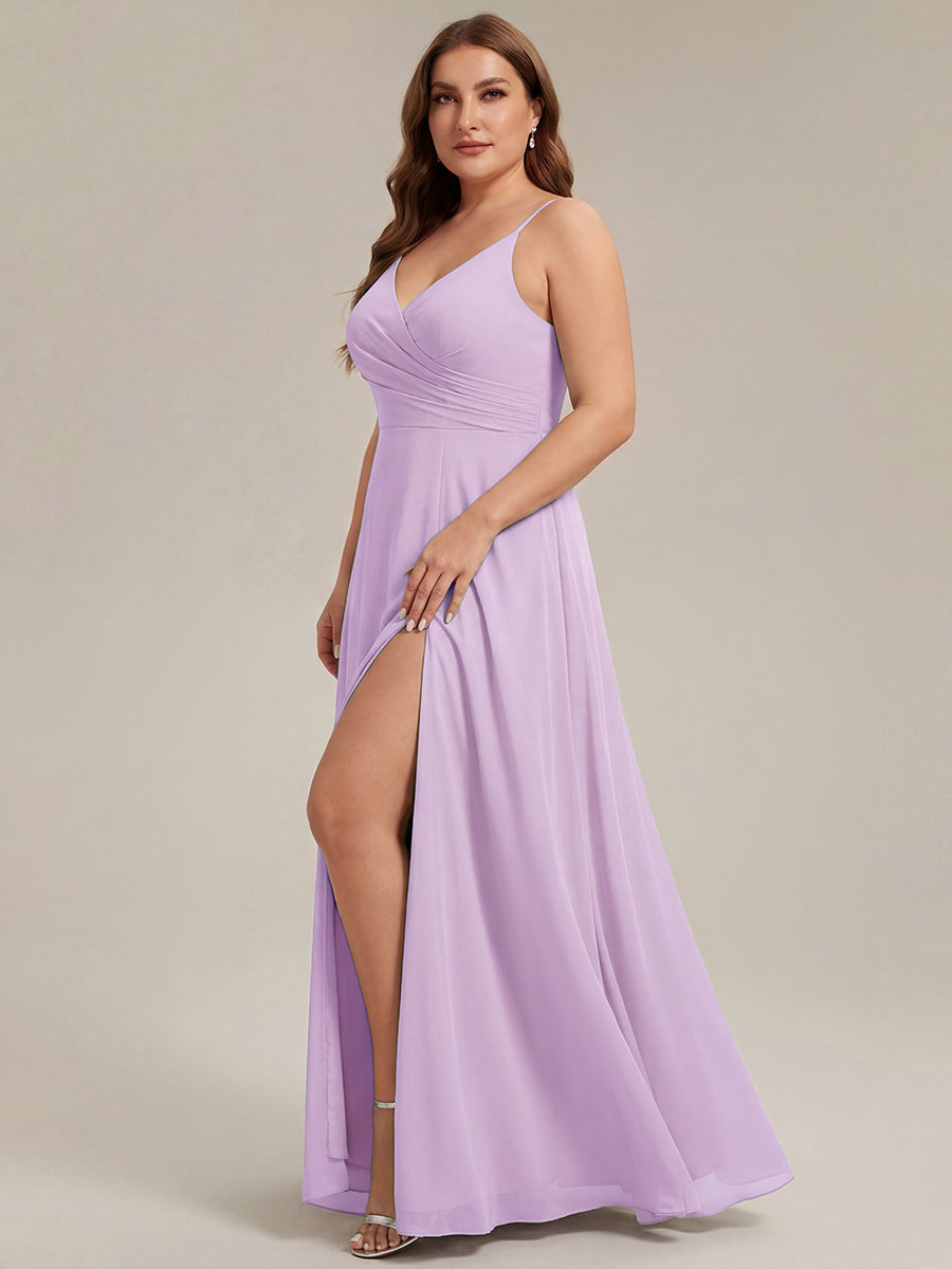 Robe de demoiselle d'honneur plissée à bretelles minces et encolure en V #Couleur_Lilas Givré