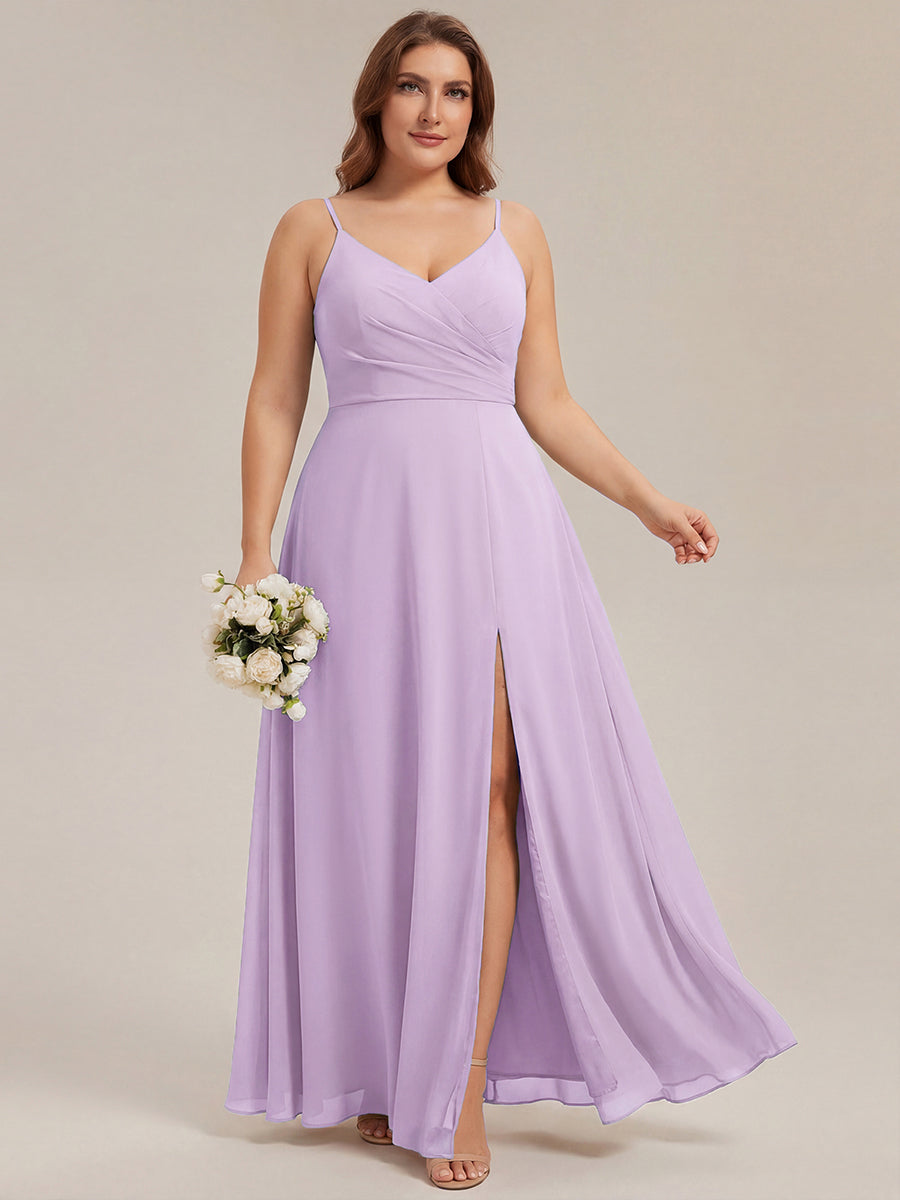 Robe de demoiselle d'honneur plissée à bretelles minces et encolure en V #Couleur_Lilas Givré