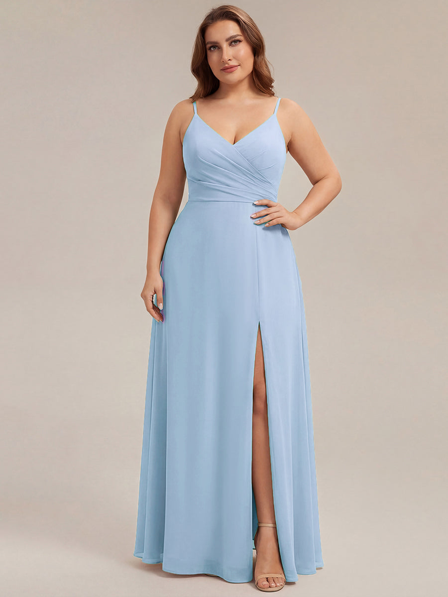 Robe de demoiselle d'honneur plissée à bretelles minces et encolure en V #Couleur_Bleu Glace
