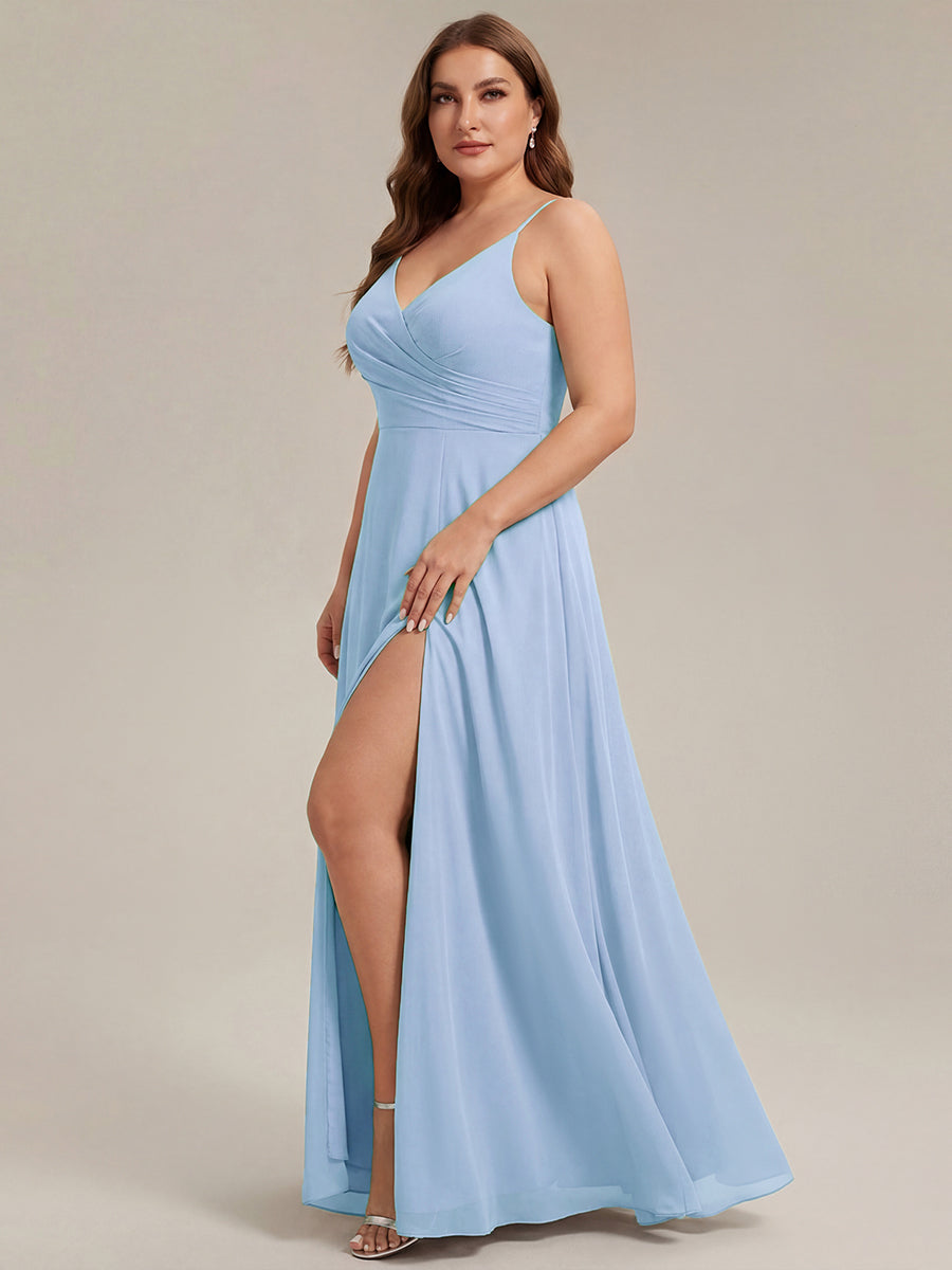 Robe de demoiselle d'honneur plissée à bretelles minces et encolure en V #Couleur_Bleu Glace
