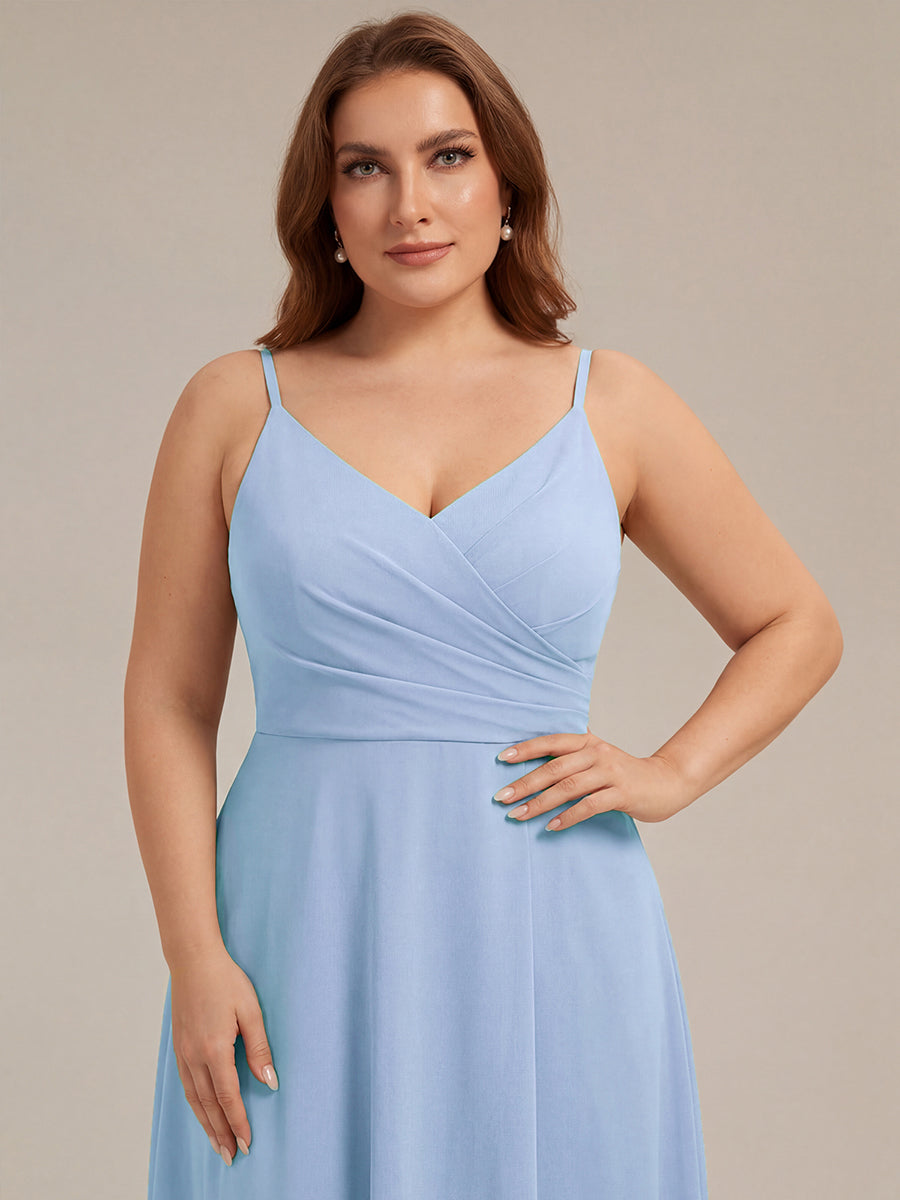 Robe de demoiselle d'honneur plissée à bretelles minces et encolure en V #Couleur_Bleu Glace