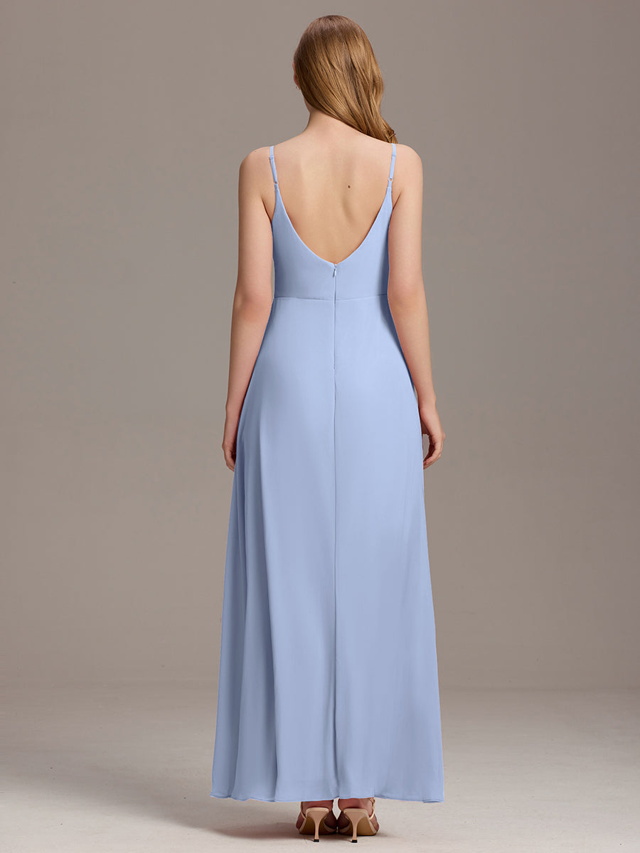 Robe d'invité de mariage trapèze en mousseline fluide à encolure ronde et longueur au genou #Couleur_Bleu Glace