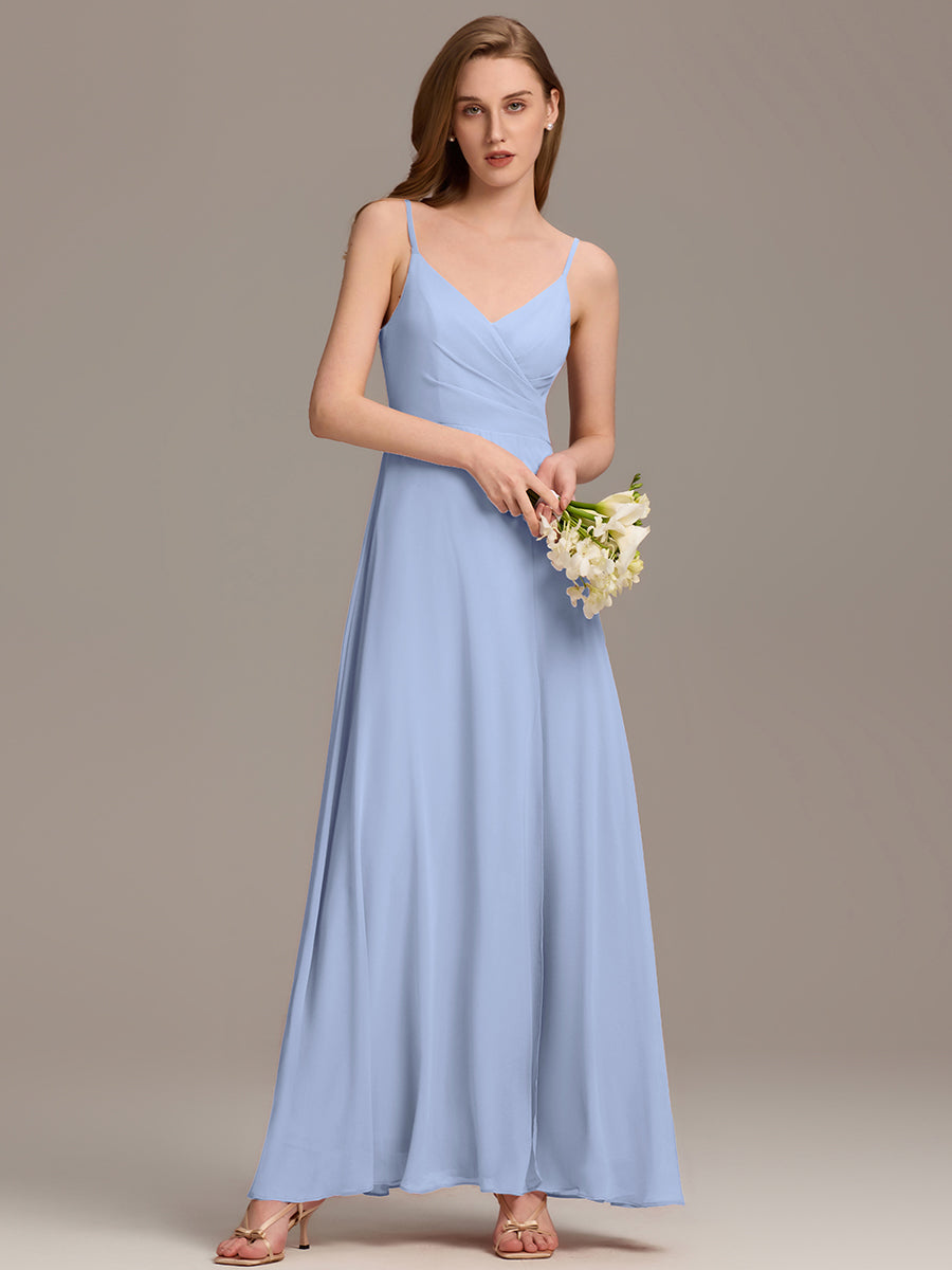 Robe d'invité de mariage trapèze en mousseline fluide à encolure ronde et longueur au genou #Couleur_Bleu Glace