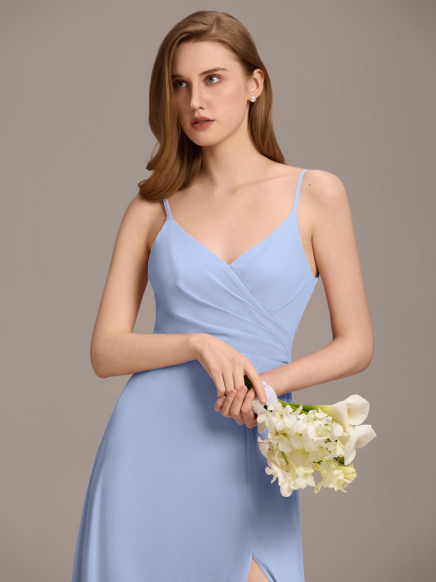 Robe d'invité de mariage trapèze en mousseline fluide à encolure ronde et longueur au genou #Couleur_Bleu Glace