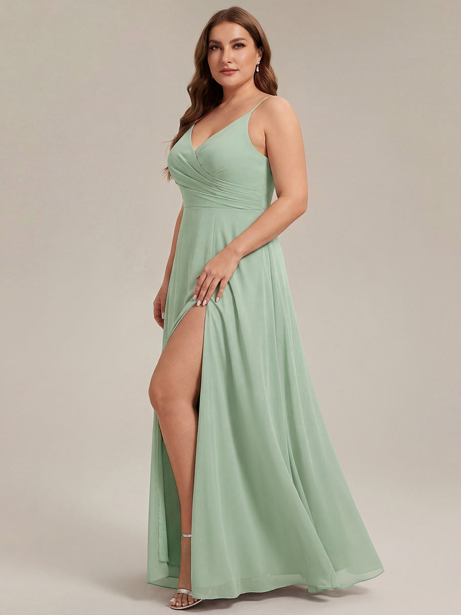Robe de demoiselle d'honneur plissée à bretelles minces et encolure en V #Couleur_Menthe Verte