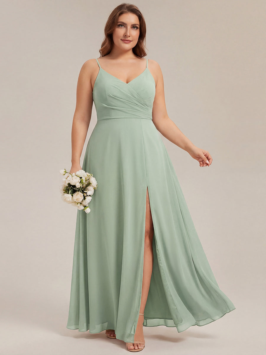 Robe de demoiselle d'honneur plissée à bretelles minces et encolure en V #Couleur_Menthe Verte