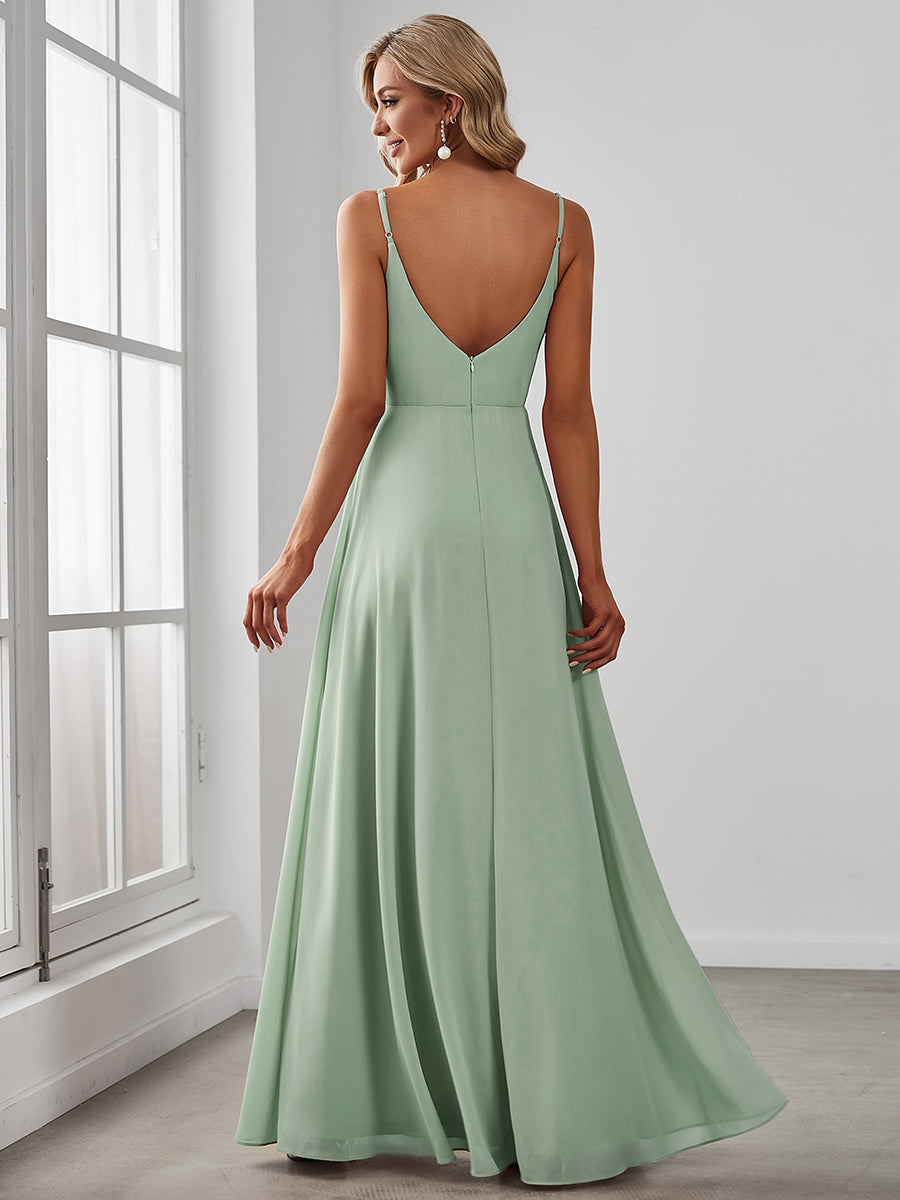 Robe de demoiselle d'honneur plissée à bretelles minces et encolure en V #Couleur_Menthe Verte